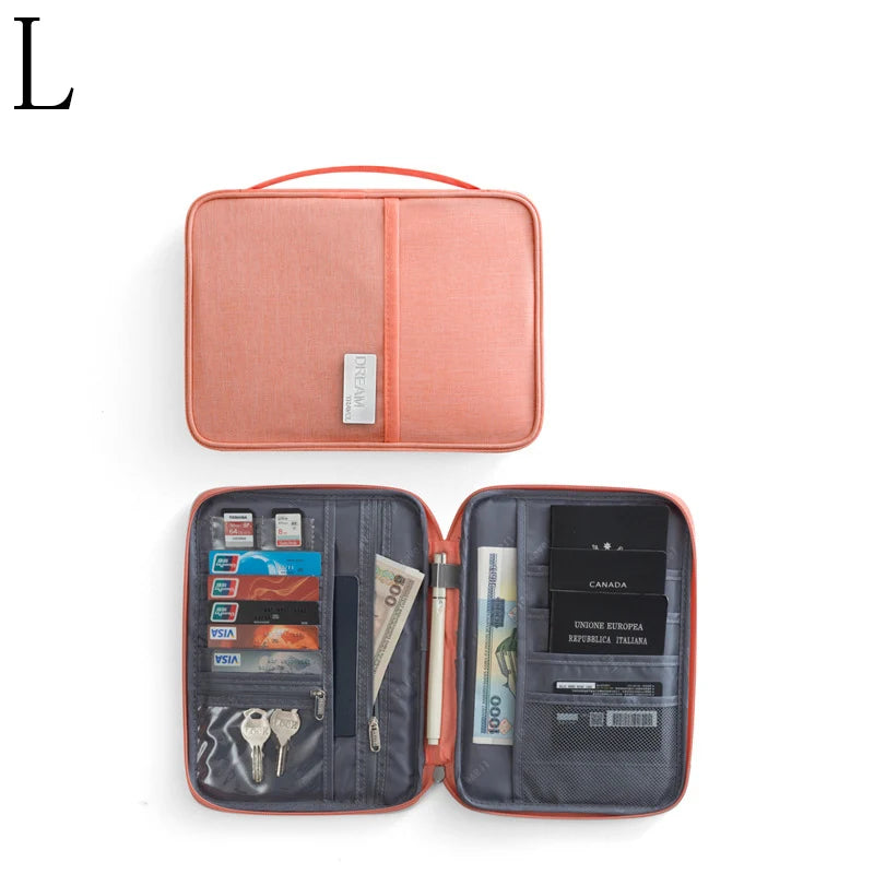 A salmon-colored multi-pocket waterproof travel document organizer with a hinged cover and interior pockets.
