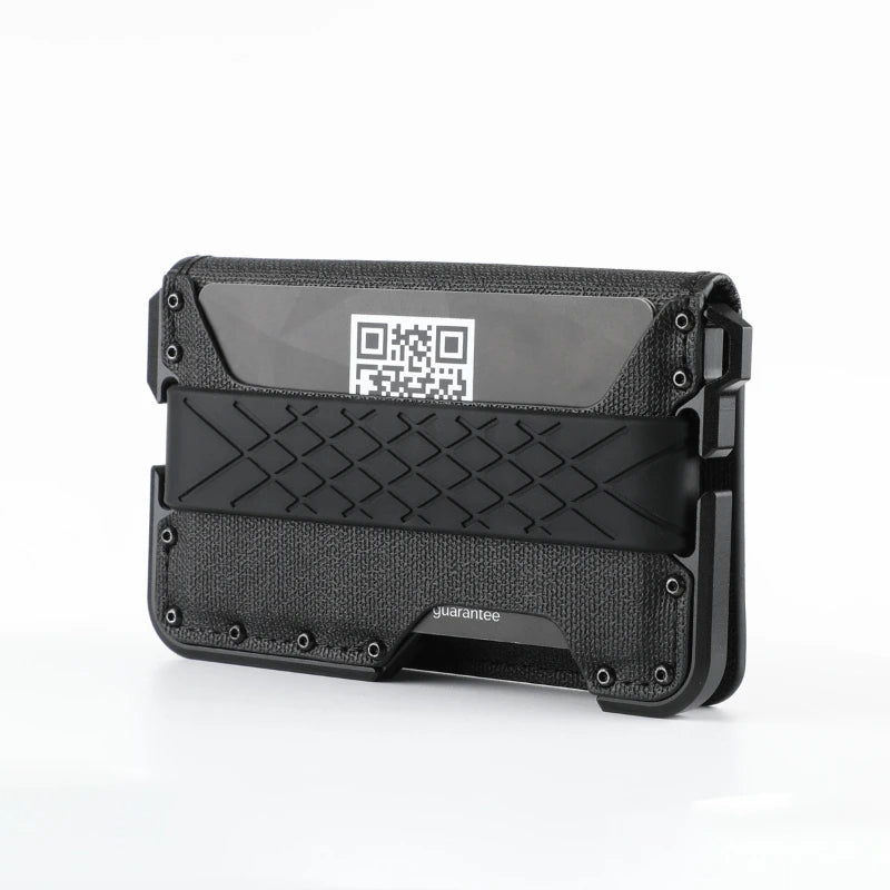A black minimalist leather card holder with a bottle opener is shown against a white background.