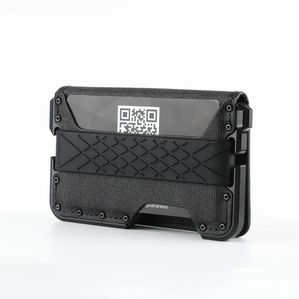 A black minimalist leather card holder with a bottle opener is shown against a white background.