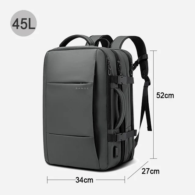 A dark gray men's business travel backpack with adjustable straps and a 45L capacity.