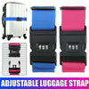 Three adjustable luggage straps shown in blue, pink, and black for securing travel bags.