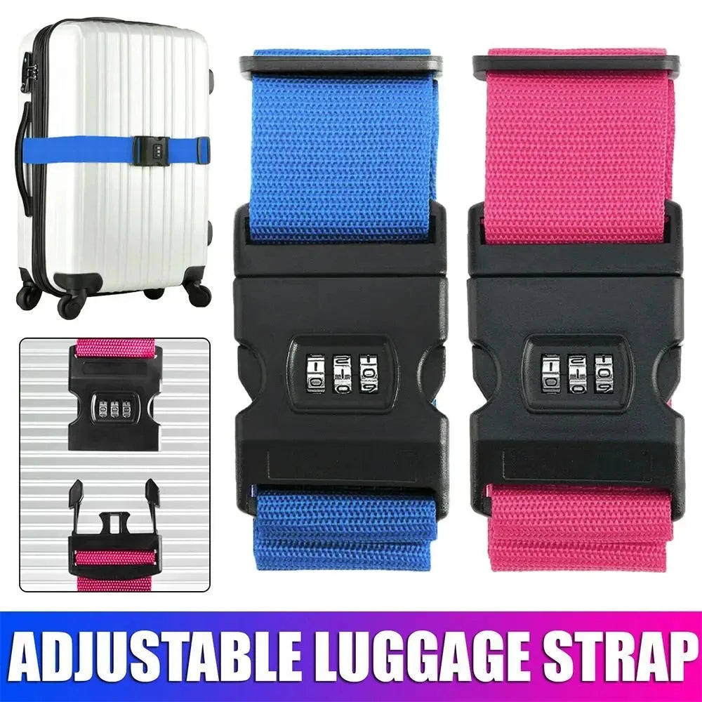 Three adjustable luggage straps shown in blue, pink, and black for securing travel bags.
