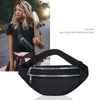 A black multi function trendy waist bag is shown next to a woman, highlighting its design and use.