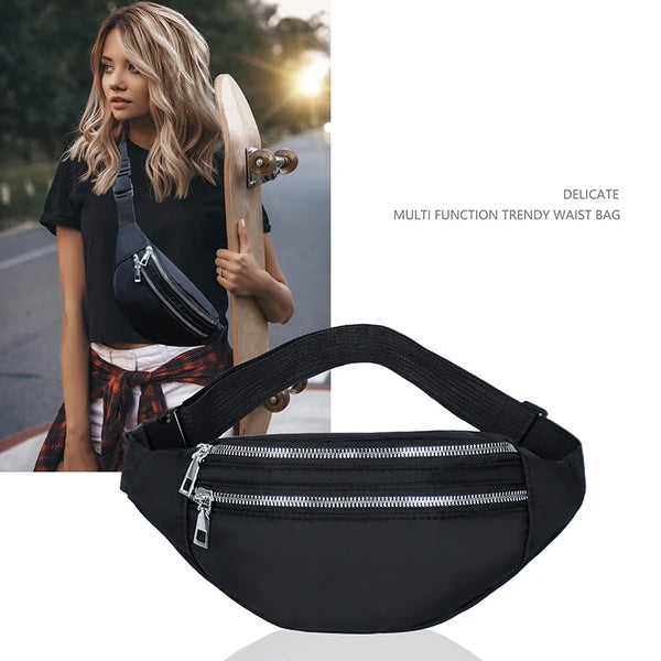 A black multi function trendy waist bag is shown next to a woman, highlighting its design and use.