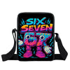 A black backpack featuring a vibrant graphic design with the text SIX SEVEN and stylized characters.