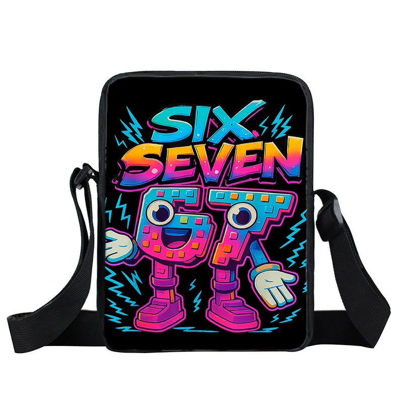 A black backpack featuring a vibrant graphic design with the text SIX SEVEN and stylized characters.