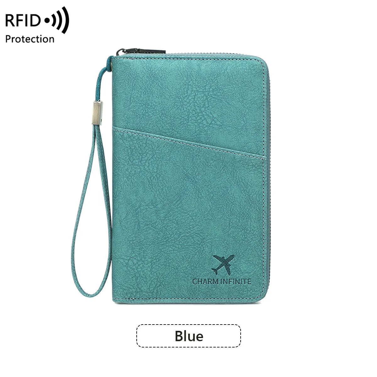 A teal leather passport and document holder with a zipper and lanyard, featuring the Charm Infinite logo.