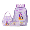 A purple multi-compartment casual backpack with a patterned fabric and purple accents.