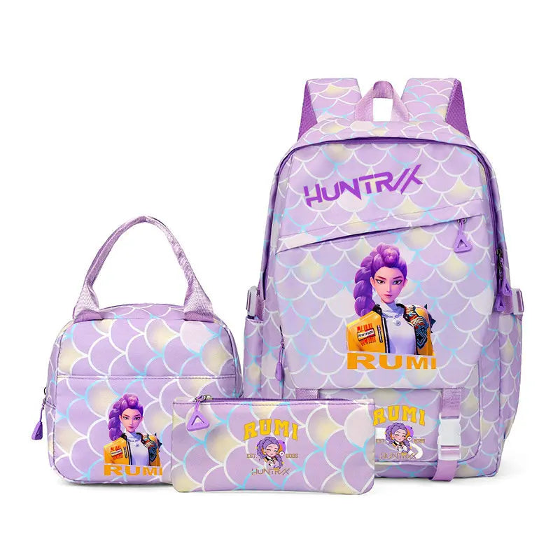 A purple multi-compartment casual backpack with a patterned fabric and purple accents.