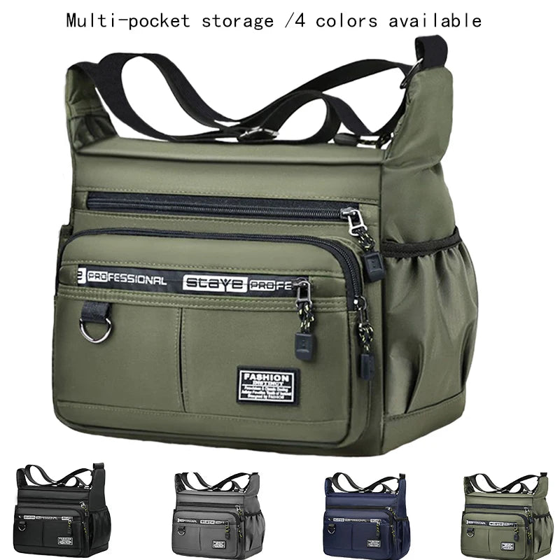 A multi-pocket storage bag in olive green available in four colors, shown from the front.