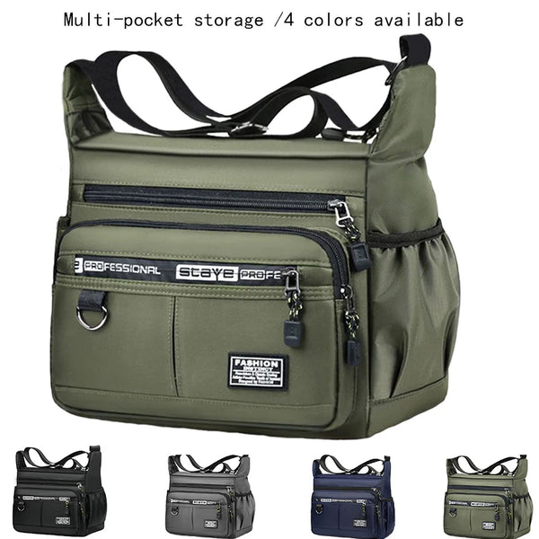 A multi-pocket storage bag in olive green available in four colors, shown from the front.