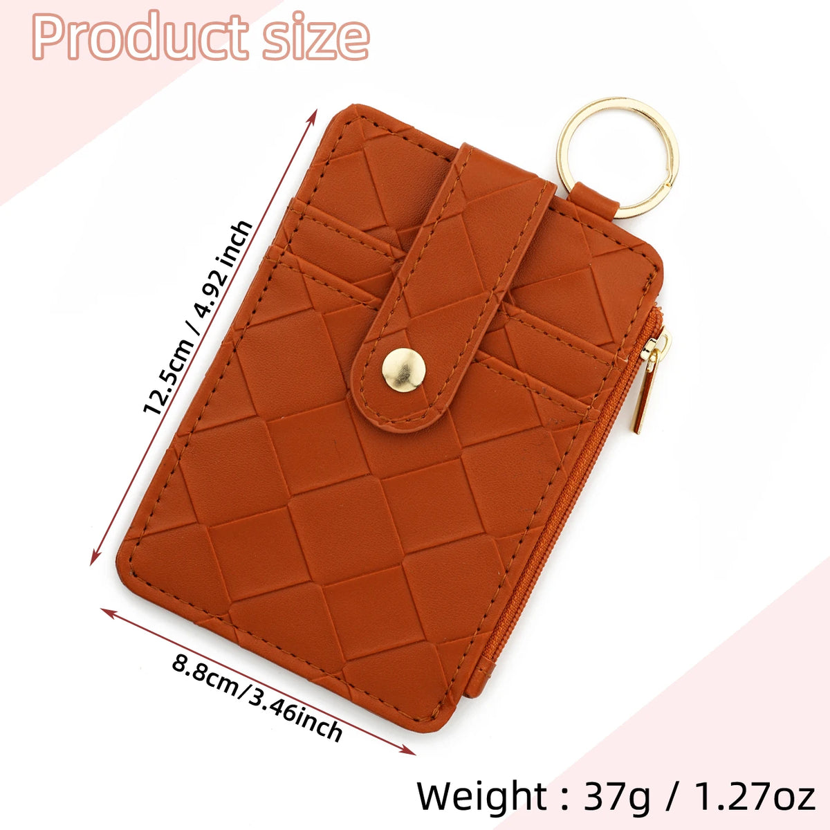 A brown PU leather card holder wallet with a quilted design and a gold ring attached.