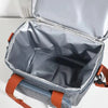 A gray insulated double-layer lunch bag with an open compartment and orange straps.