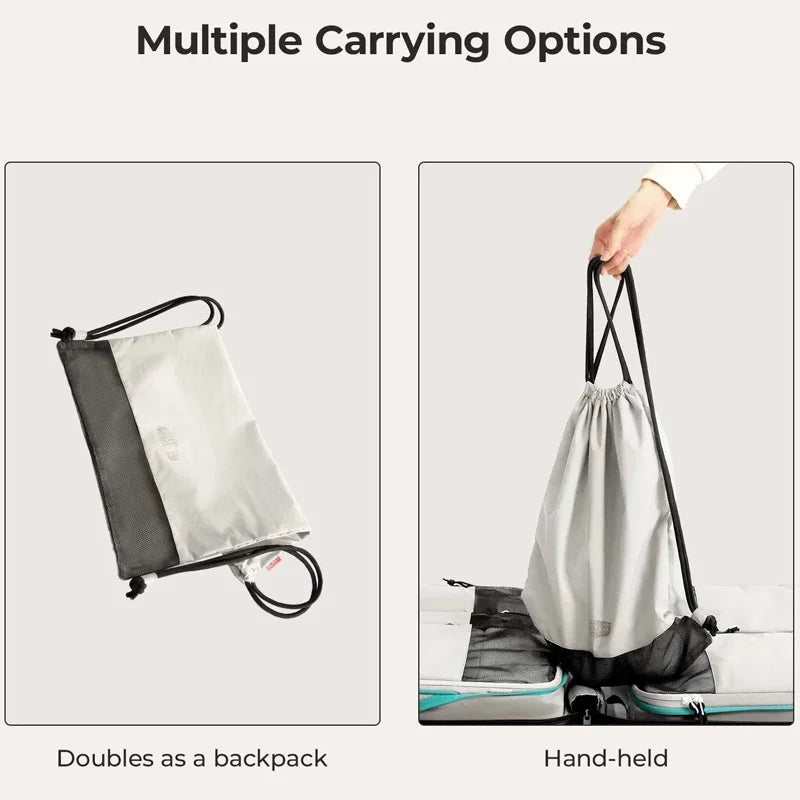 Multiple carrying options for packing cubes including a backpack and hand-held version