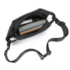 Schwarze minimalistische Lauf-Bauchtasche mit grauer Innenausstattung und braunem Futter.