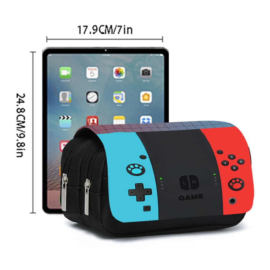 A black double-layered flip pen case with a red accent, shown next to an iPad.