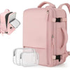 A pink 15-inch travel laptop backpack with a clear plastic sleeve visible.