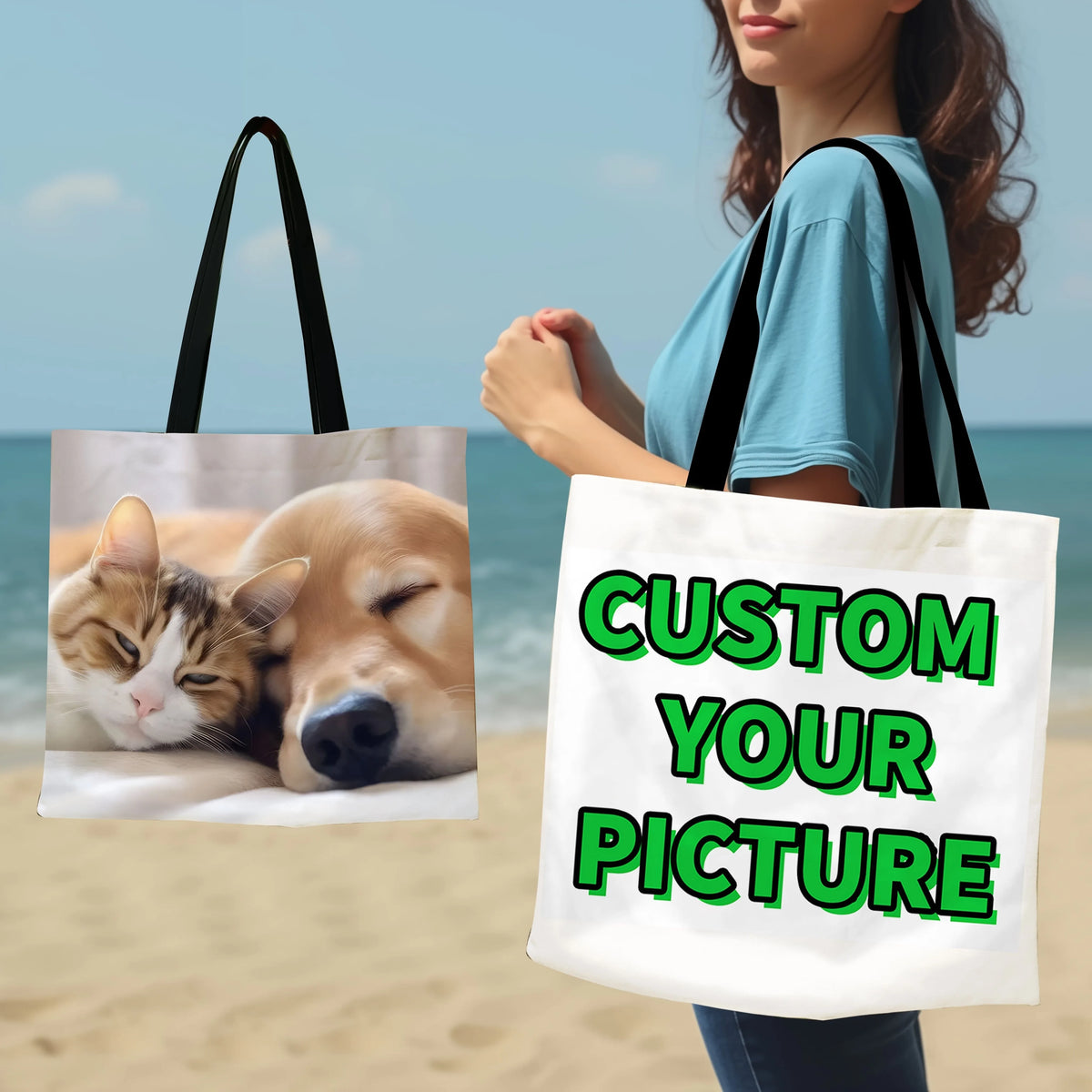 A woman holds a white tote bag with green text that reads Custom Your Picture, next to a photo of a cat and a dog.