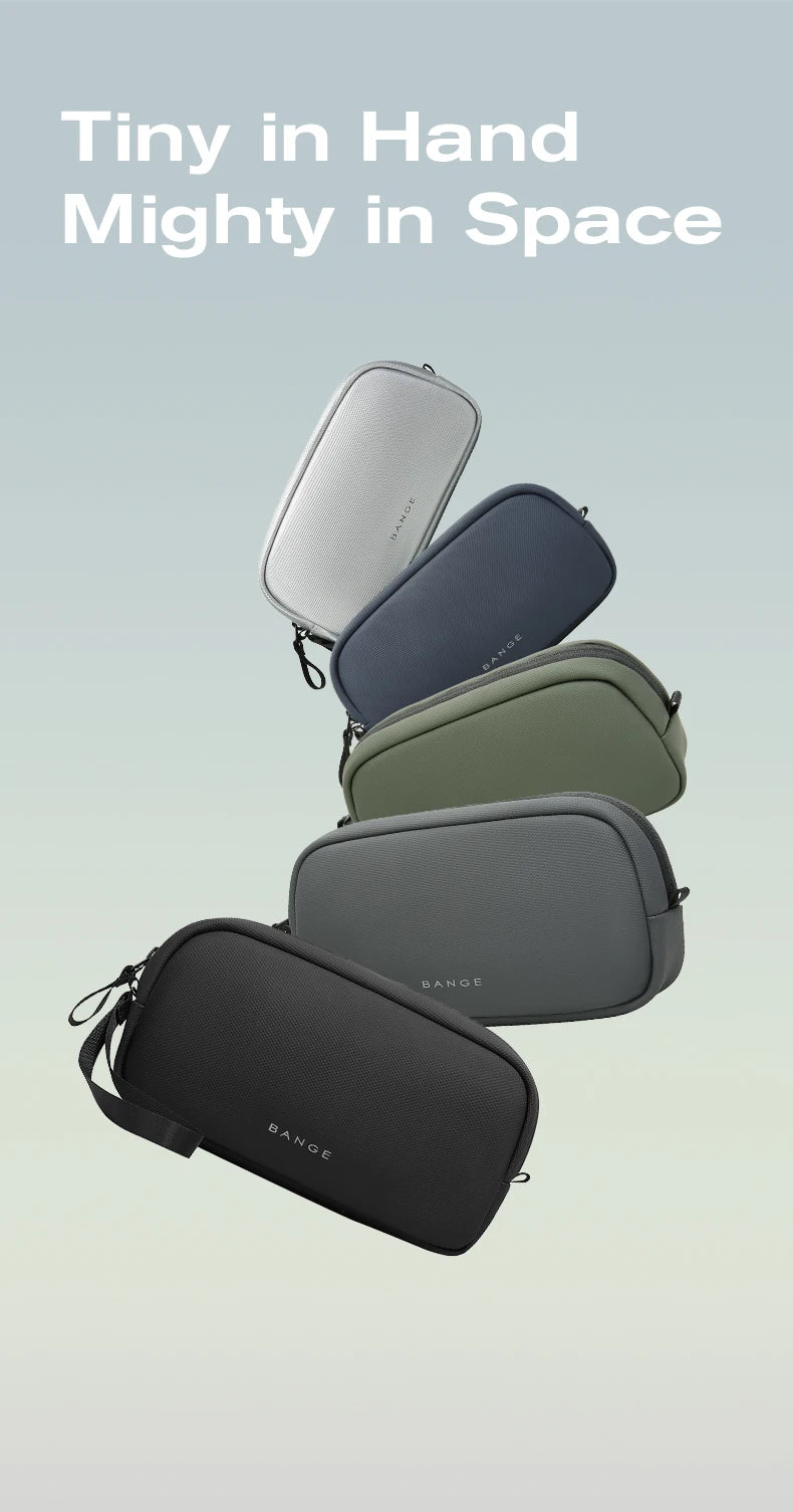 A stack of five Bange travel electronics organizer pouches in various shades of gray and green.