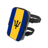 A black adjustable PU waist pouch featuring a blue and yellow diagonal stripe design.
