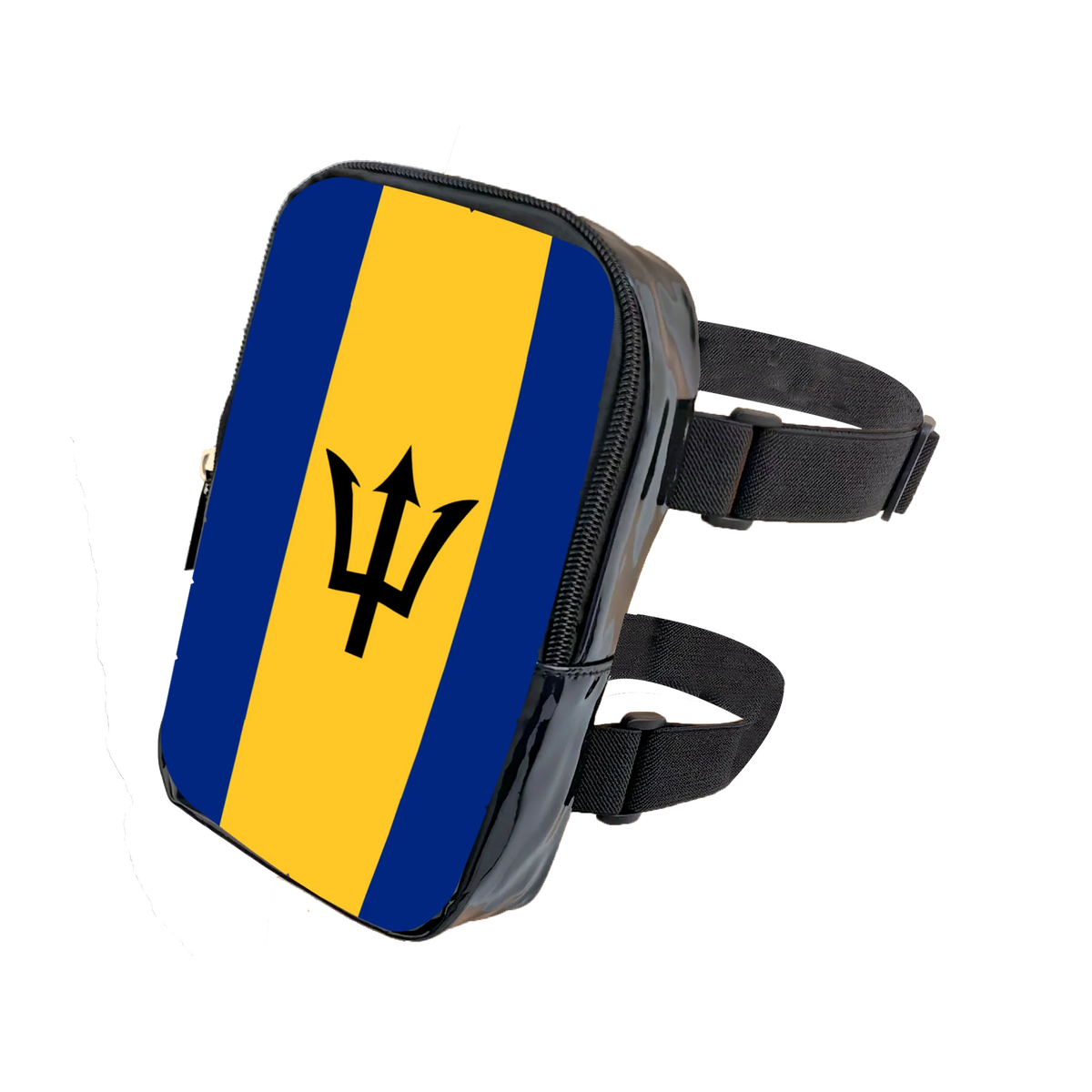 A black adjustable PU waist pouch featuring a blue and yellow diagonal stripe design.