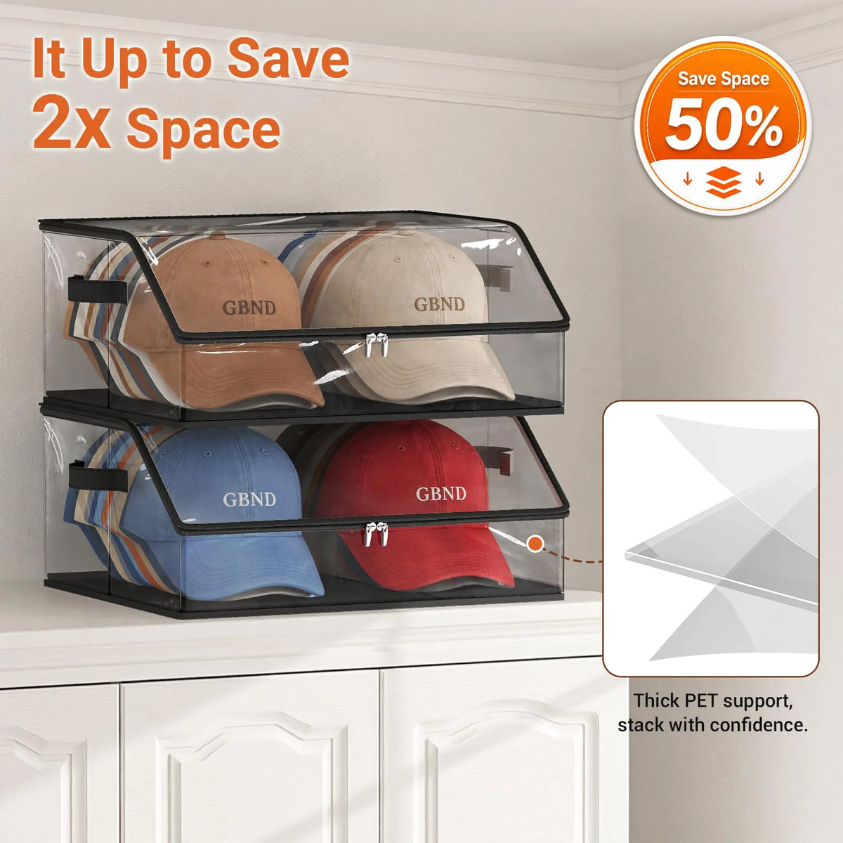 A clear plastic organizer holds several baseball caps, demonstrating a 50% space saving for closet storage.