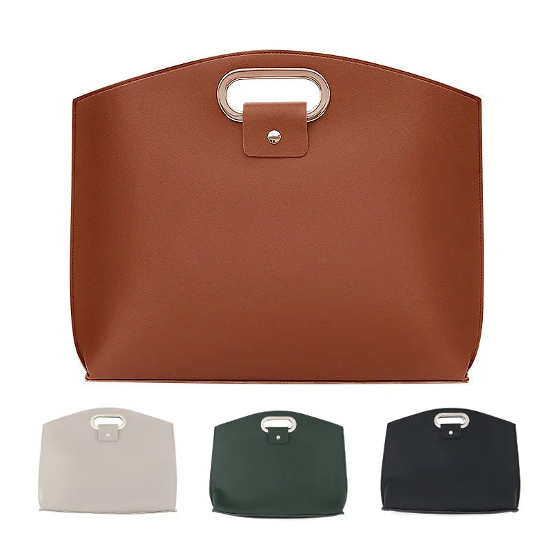 A brown leather laptop briefcase shown with three color options: beige, dark green, and black.