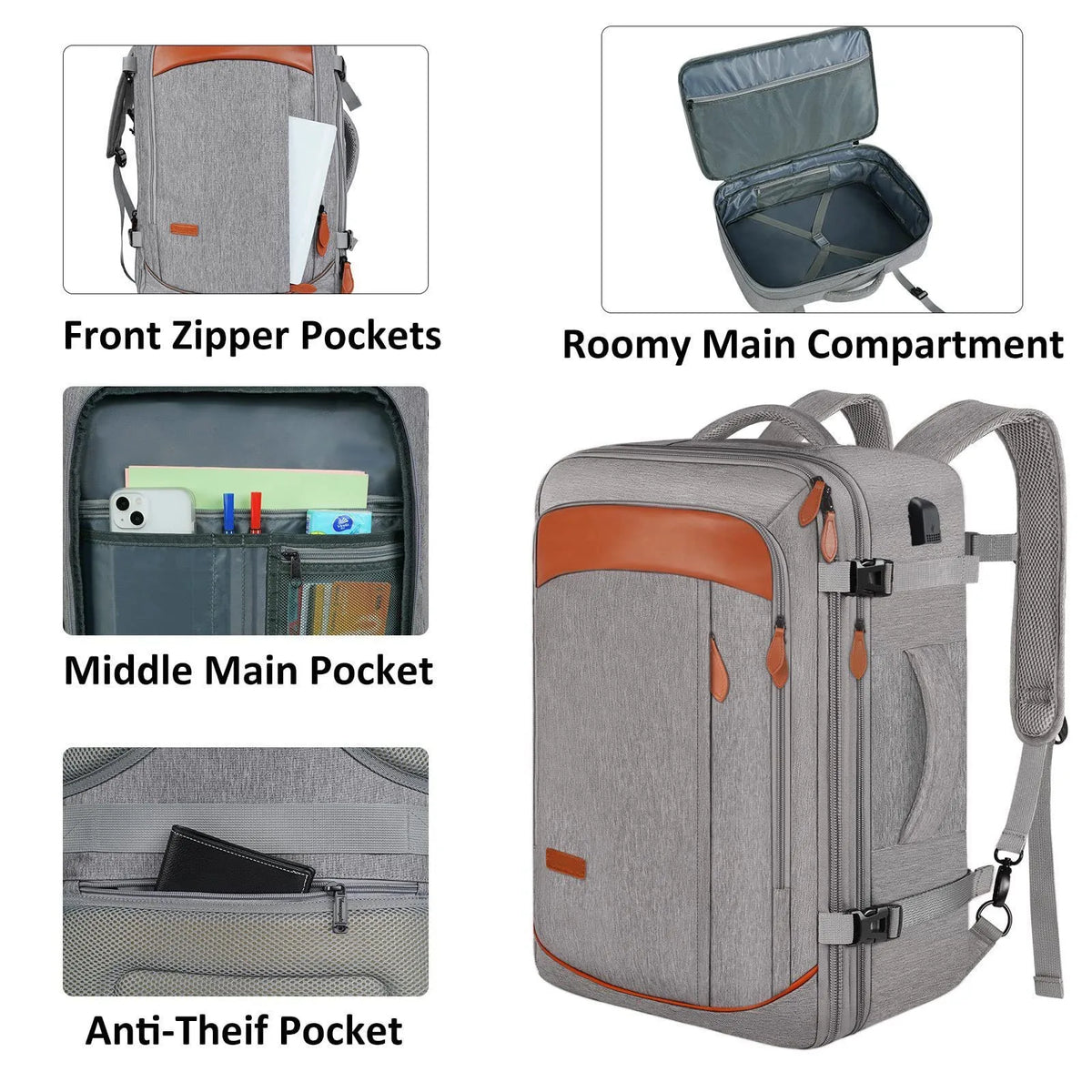 Gray travel backpack featuring front zipper pockets, a roomy main compartment, a middle pocket, and an anti-theif pocket.