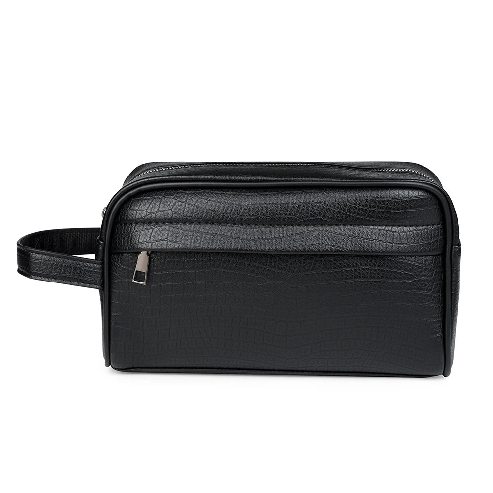 Black men's PU leather clutch handbag with a zippered pocket and a flap closure.