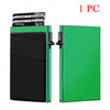 A green card holder with a black sleeve and a slot for cards, shown next to a single card.