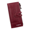 A deep burgundy leather wallet with a zipper closure and a flap design.