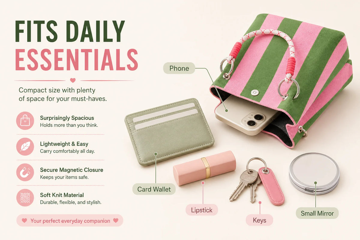 A pink and green striped knit bucket tote bag holding daily essentials like a wallet, lipstick, keys, and small mirror.