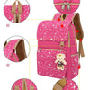 Pink mesh fabric student backpack with bear charm and brown strap