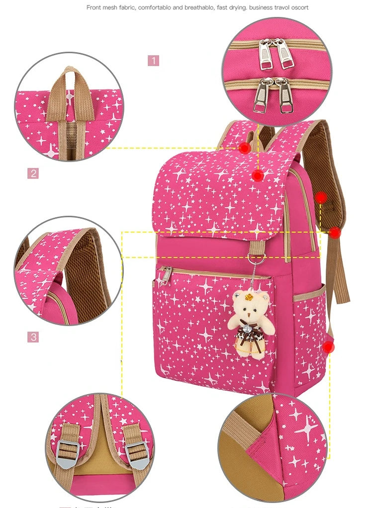 Pink mesh fabric student backpack with bear charm and brown strap