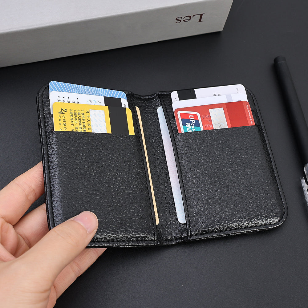 A black slim PU leather credit card wallet is shown open, displaying various cards and cash inside.