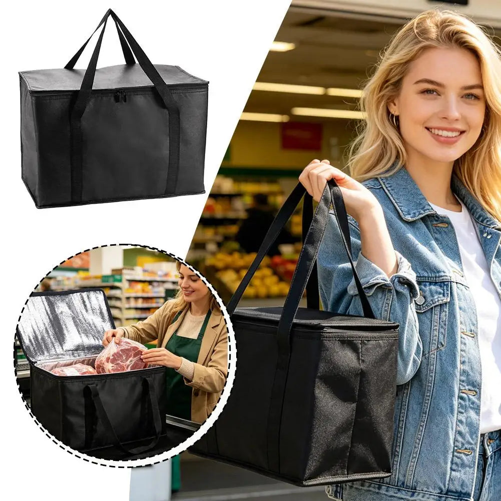 A woman holds a black reusable insulated cooler bag with a mesh insert, next to a folded bag and grocery items.