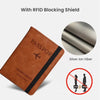 Brown leather passport wallet with a silver ion fiber RFID blocking shield and a red circle indicating RFID scanning is block