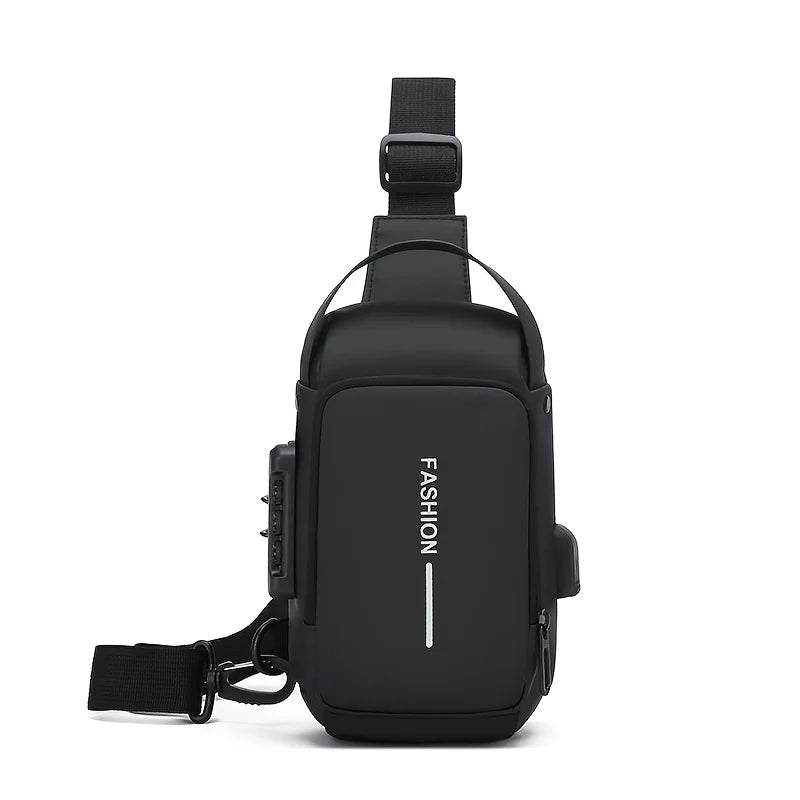 A black durable men's oxford sling bag with a strap, shown from the back.