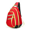 A red medical crossbody bag with black trim and yellow accents, shown from the side.