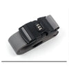 A gray adjustable luggage strap with a black combination lock is shown on a white background.