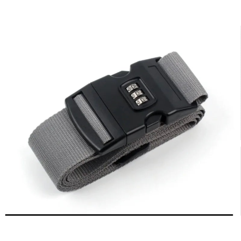 A gray adjustable luggage strap with a black combination lock is shown on a white background.
