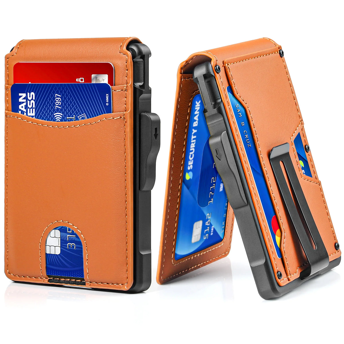 A brown leather wallet is shown open, displaying a credit card and ID, with a blue accent.