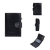 Black leather card holder with auto pop-up slide and a separate slim wallet.