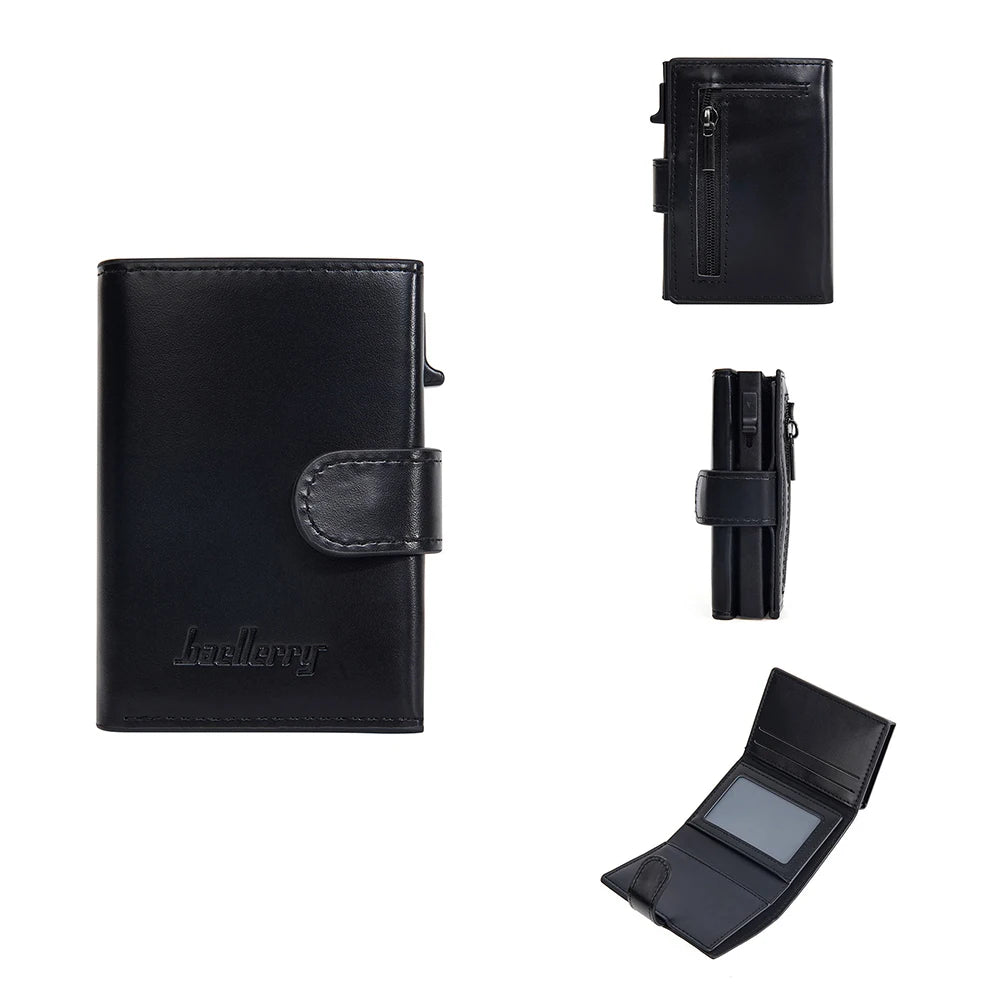 Black leather card holder with auto pop-up slide and a separate slim wallet.