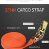 A close-up view of a 25mm cargo strap with a solid shaft and single gear, showing its dimensions and construction.