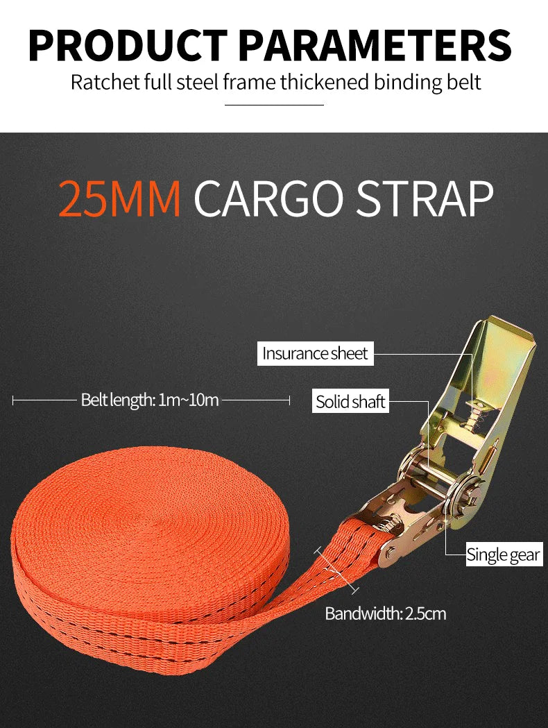A close-up view of a 25mm cargo strap with a solid shaft and single gear, showing its dimensions and construction.