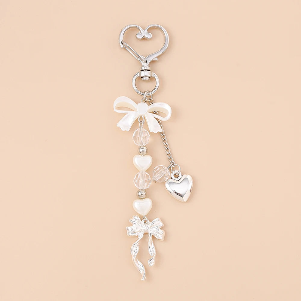 Silver pearl bow heart keychain for bags and keys