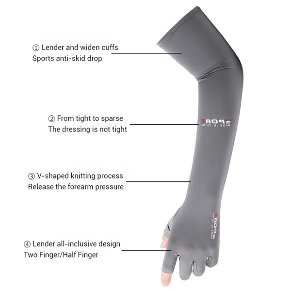 Gray ice silk arm sleeve showing features like anti-skid drop, V-shaped knitting, and an inclusive design.