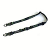 A dark green and brown camouflage strap for outdoor camping or carrying gear.