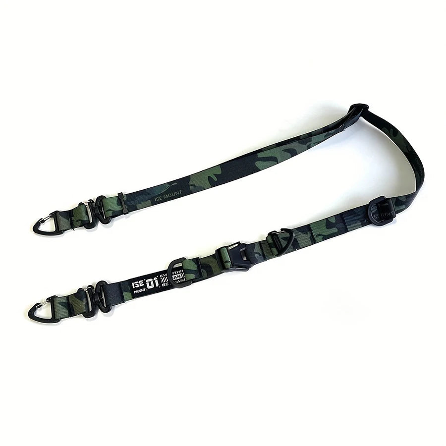 A dark green and brown camouflage strap for outdoor camping or carrying gear.